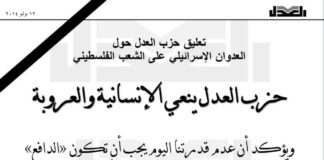 تعليق حزب العدل حول العدوان الإسرائيلي على الشعب الفلسطيني 20/7/2014