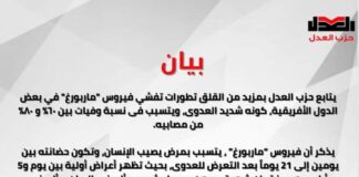 يتابع حزب العدل بمزيد من القلق تطورات تفشي فيروس “ماربورغ” في بعض الدول الأفريقية، كونه شديد العدوى، ويتسبب فى نسبة وفيات بين ٦٠% و ٨٠% من مصابيه.