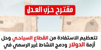 مقترح حزب العدل لتعظيم الاستفادة من القطاع السياحي لحل أزمة الدولار،ولدمج النشاط غير الرسمي في القطاع الرسمي