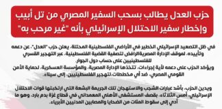 حزب العدل يطالب بسحب السفير المصري من تل أبيب وإخطار سفير الاحتلال الإسرائيلي بأنه “غير مرحب به”