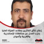 إعلان نتائج الفائزين بمقاعد الهيئة العليا بحزب العدل عن محافظات الإسكندرية والغربية وأسوان